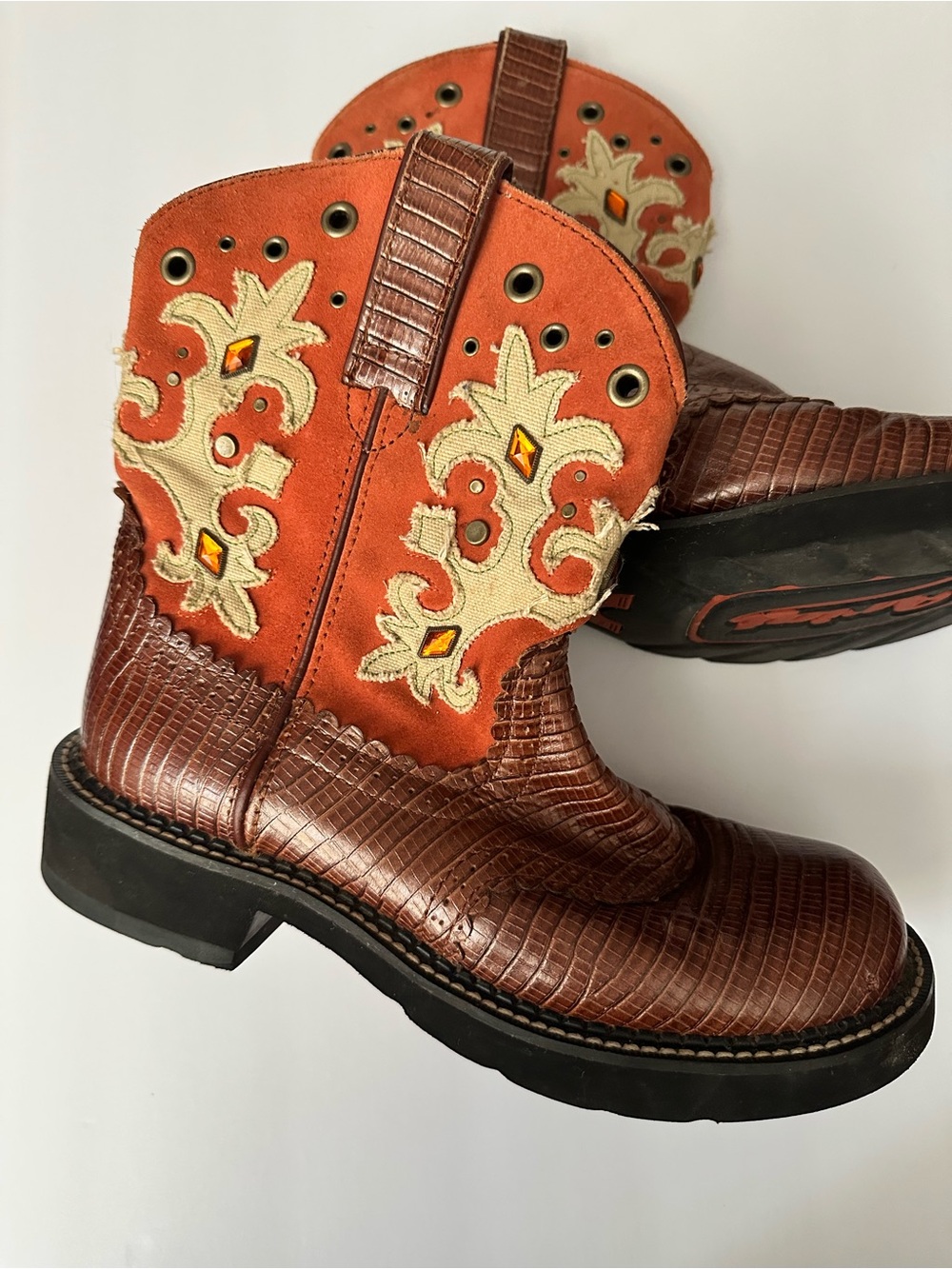 9 B Ariat Orange FATBABY GEMS Suede & Brown Textured WOMENS Western Boots